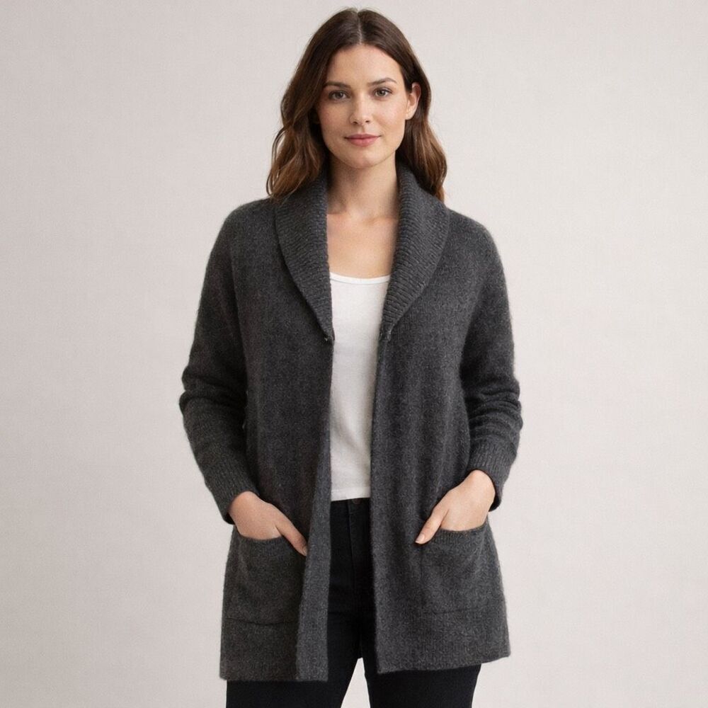 Karen Scott Wool Cardigan Large Gray Open Front Cozy Sweater
